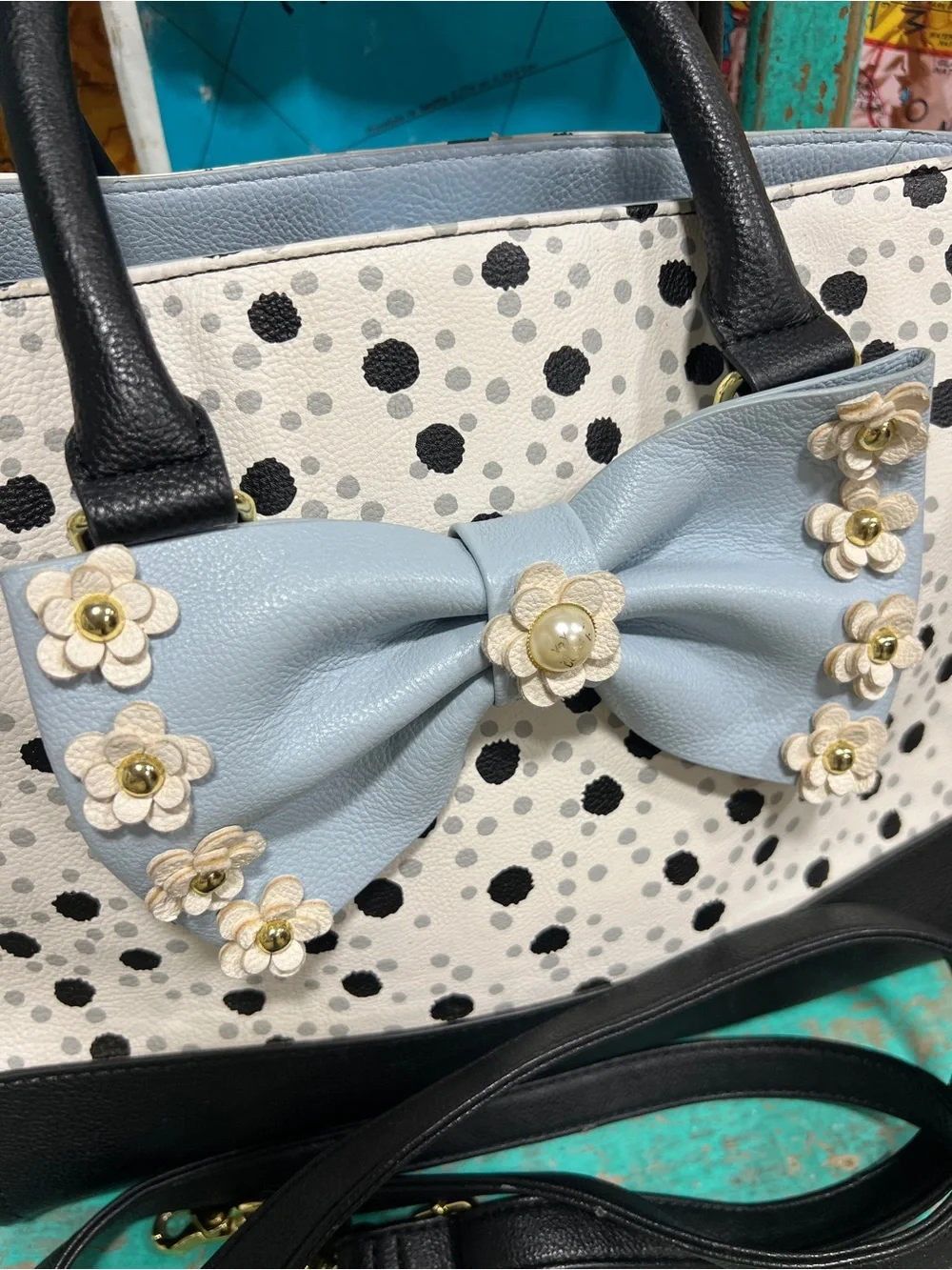Betsey Johnson White Polka Dot Satchel with Light Blue Bow